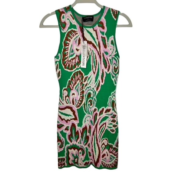 Minkpink Womens Sierra Sleeveless Knit Dress Small Green Pink Floral Pattern NWT - Picture 2 of 7